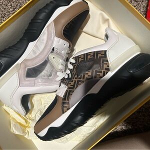 Fendi Chunky Runner Sneakers in Brown, Black & White